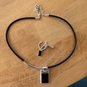 Black Pendant Necklace & Earrings Set Silver Tone Minimalist Jewelry Modern Cost